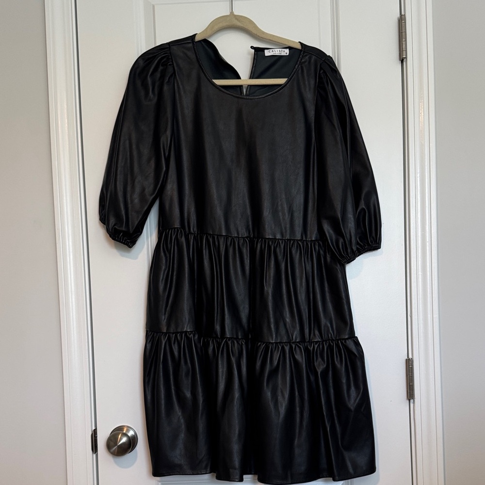 Black Faux Leather Puff Sleeve Dress